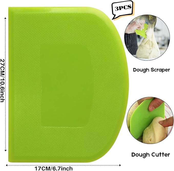 SURDOCA Dough Scraper Bench Scraper - 3P 10.6x6.7" Plastic Flexible Bowl Scraper, Sharp Edge & Angles Cake Scraper. Non-Slip Bakeware Decorating Tools Sculpting & Modeling Tools - Blue+Pink+Blue