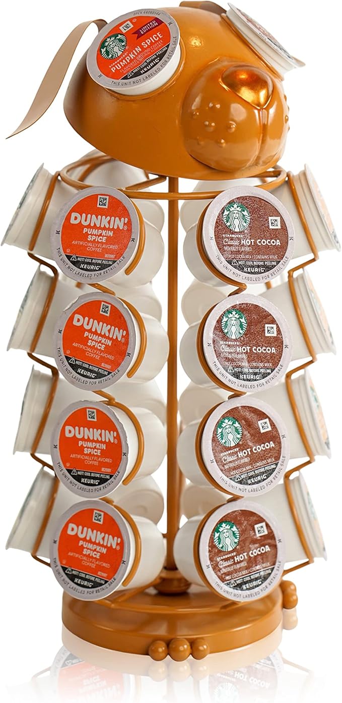 Made Easy Kit Carousel Coffee Pod Holder, Compatible with Keurig K-Pods K-Cups, Countertop Rack Storage Organizer, Metal Home and Kitchen Decor, Capsule Café Station Bar (Small, Brown Dog)