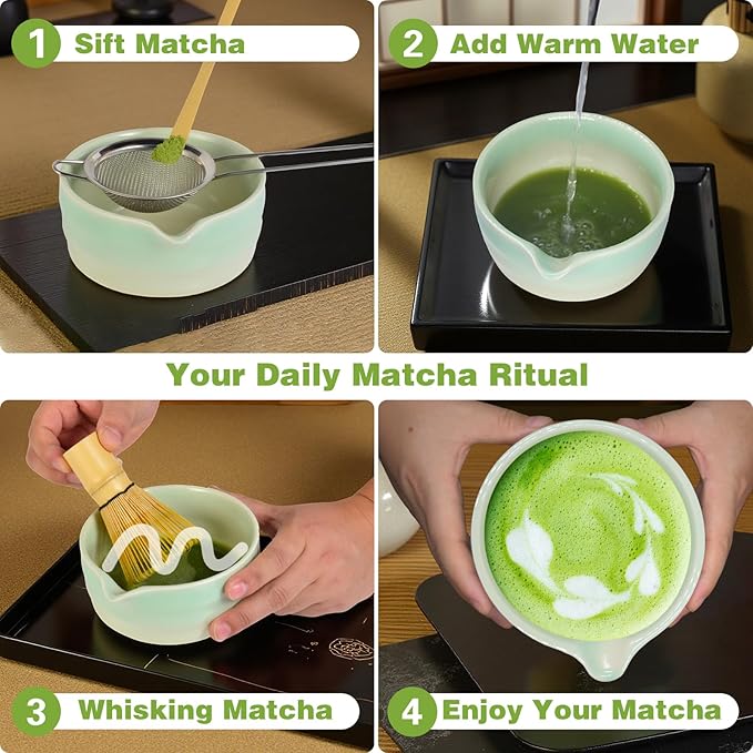 Matcha Whisk Set, Japanese Tea Set Includes Matcha Bowl with Spout, Bamboo Whisk, Ceramic Chasen Holder, Scoop, Sifter, 5 pcs Traditional Tea Making Kit for Matcha Lovers Gift for Women Men