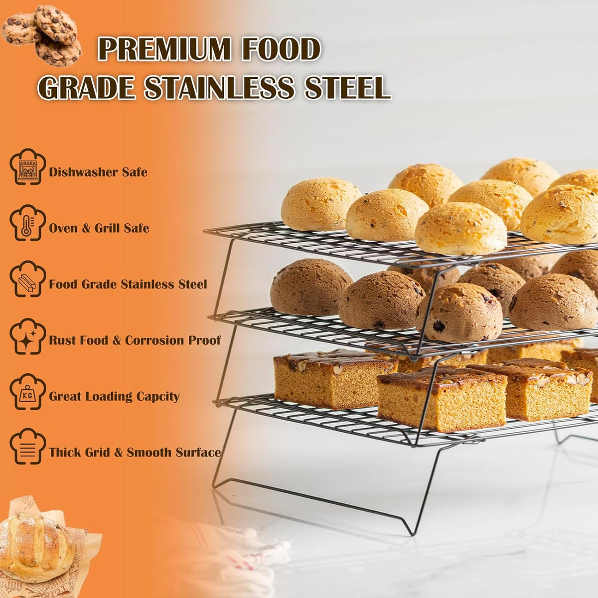 3-Tier Cooling Racks for Cooking and Baking - 13" x 9.6" Stackable Heavy Duty Stainless Steel Wire Rack for Baking, Grilling, Roasting - Oven & Dishwasher Safe - Black