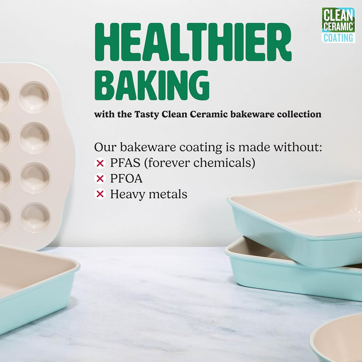Tasty Clean Ceramic 14-Inch x 10-Inch Roasting Pan, Durable Aluminized Steel for Professional Results, Clean Ceramic Nonstick Coating, Oven Safe to 425°F, Dishwasher Safe, Aqua