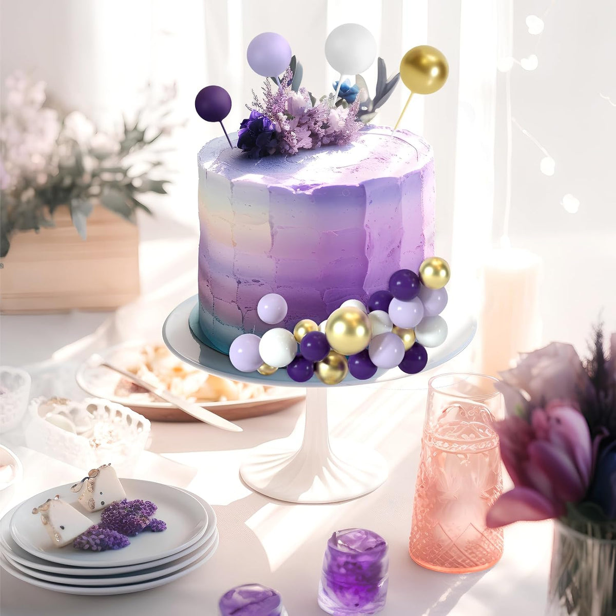 48 Pcs Balls Cake Topper Decorations Balloon Cupcake Toppers Foam Cake Topper Balls Cake Balls Decorations for Birthday Party Wedding Cake Decorating (Purple, Light Purple, White, Gold)