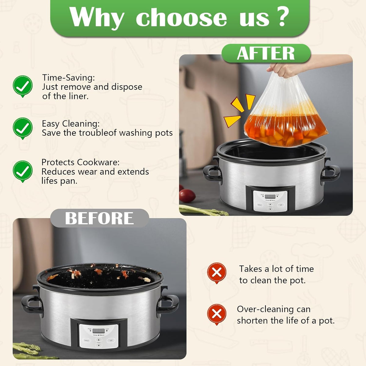 Slow Cooker Liners 3-8 Quarts Disposable Pot Liners 13"x21" Mess-Free Cooking & BPA Free Cooking Bags Suitable for Oval & Round Pots High-Temperature Resistant Liners(40 Liners)