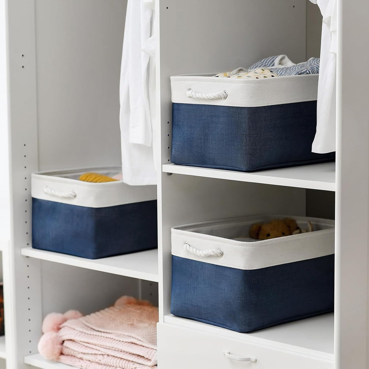 Organization and Storage Basket for Shelves - 16x12x8 inch Large 3 Pack Canvas Storage Bin Collapsible Baskets for Organizing, Fabric Storage Cubes for Cloth Laundry (White&Deep Blue)
