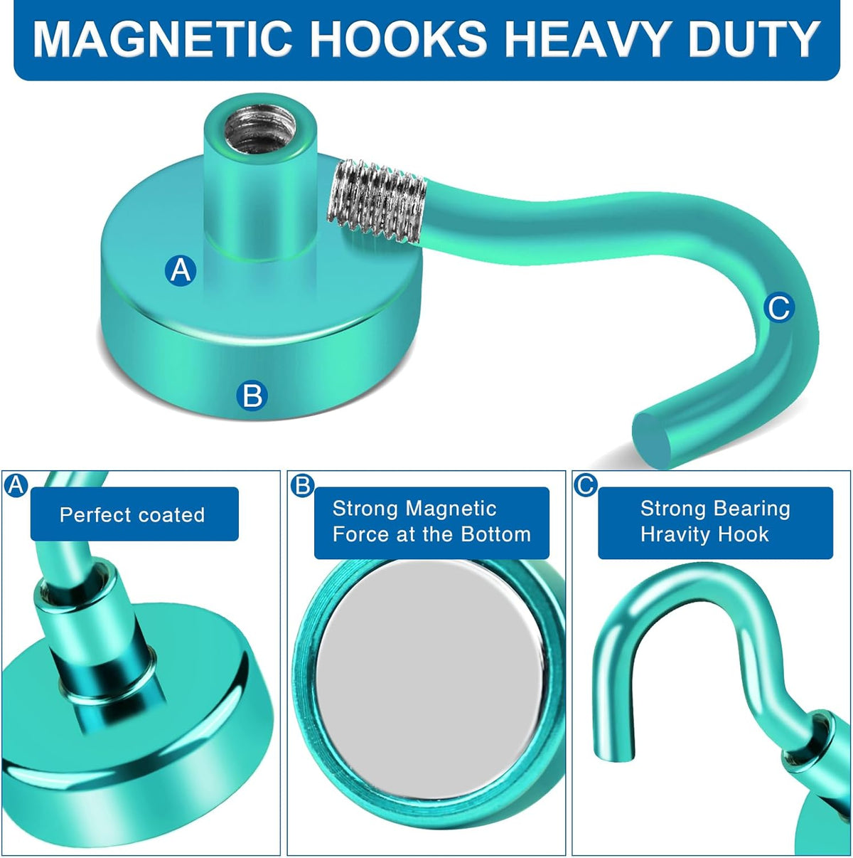 LOVIMAG Magnetic Hooks, 110lbs Capacity, Green Cruise Magnets, Key Holder, Strong Hanging Hooks - Fridge, Grill - 12 Pack