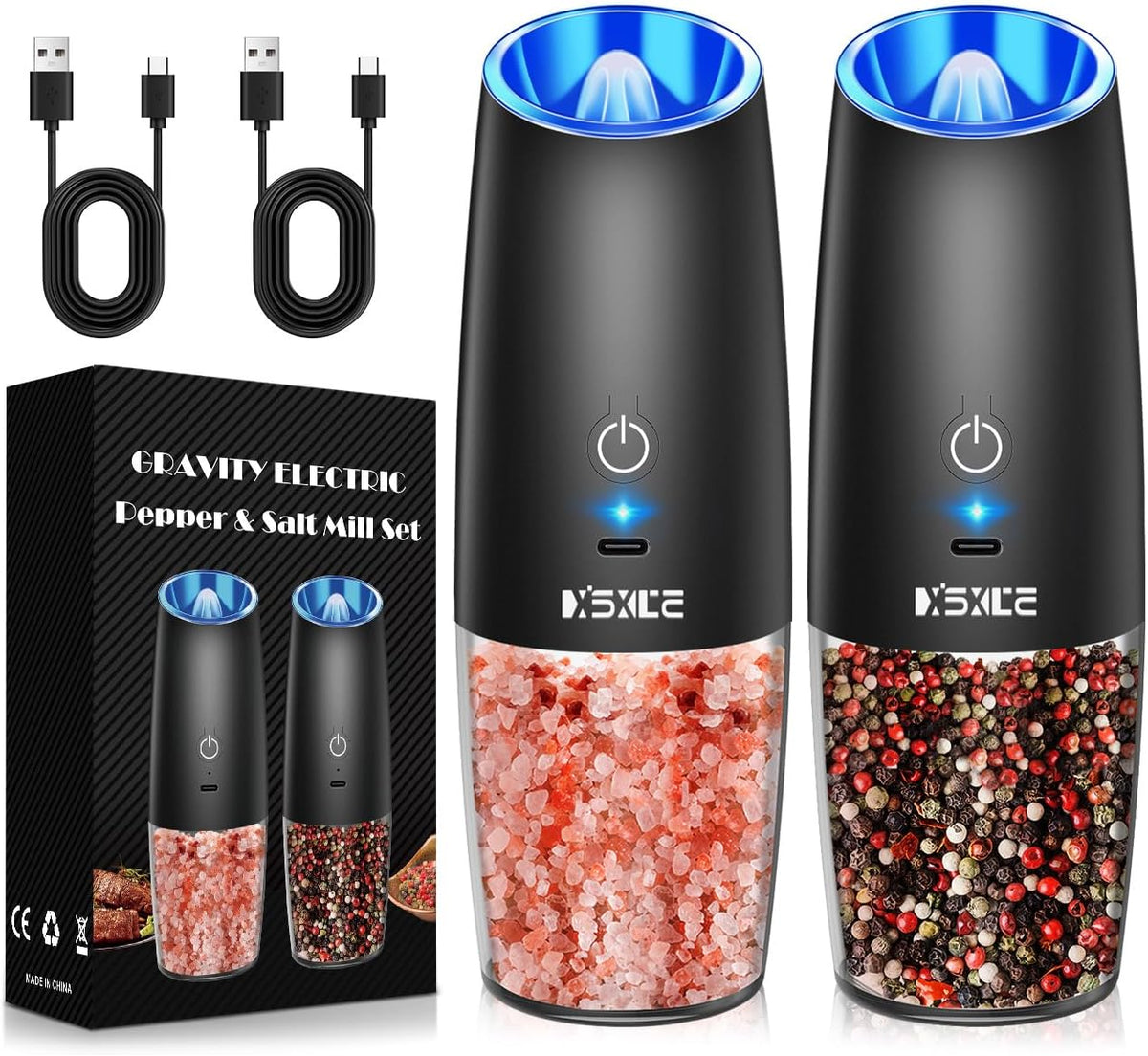 XinXu Rechargeable Pepper and Salt Grinder Set, No Battery Needed, whit Gravity Sensing Switch and LED Light, One Hand Automatic Operation -2 Pack/Black