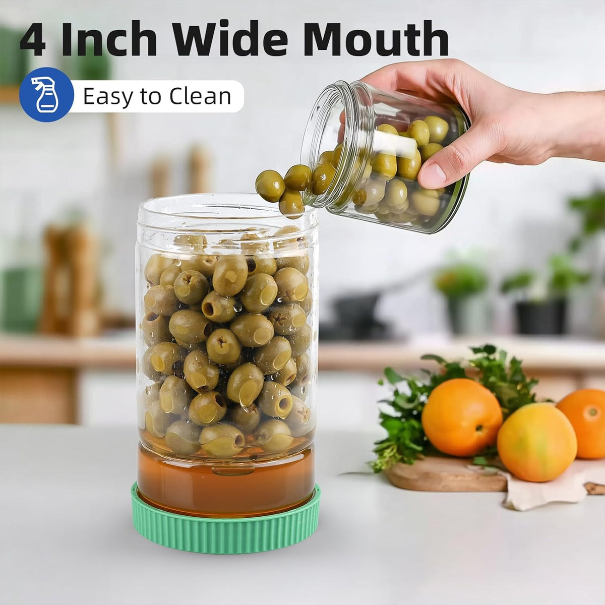 Glass Pickle Jar with Strainer Flip, 40oz Hourglass Airtight Container, Easy Open Refrigerator Storage Pickles Juice Separator for Olive Jalapeno Gherkin, Green