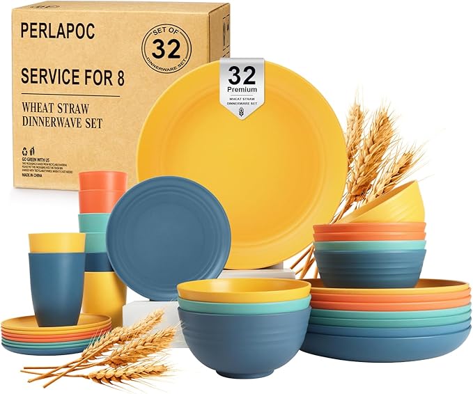 Wheat Straw Dinnerware Sets, Plates and Bowls Sets Unbreakable & Microwave Safe - 32 Piece Service for 8 Dinner Plate Dessert Plate Cereal Bowl Cup for Kitchen & Outdoor - Multi