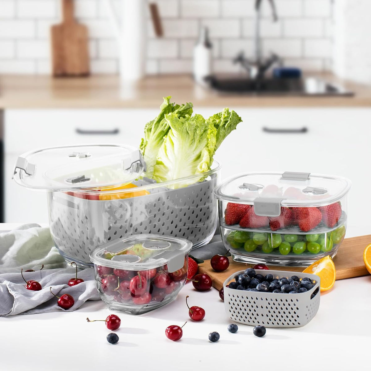LUXEAR Fresh Produce Vegetable Fruit Storage Containers 3Piece Set, BPA-free Fridge Storage Container, Partitioned Salad Container, Fridge Organizers, Used in Storing Fruits Vegetables, Gray