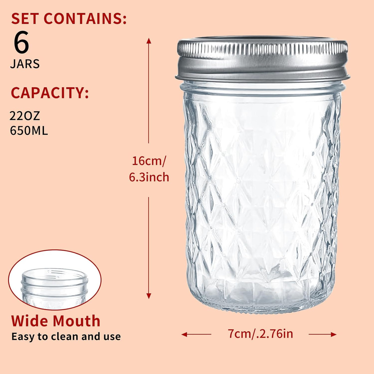 22oz/650ml Mason Jars with Airtight Lids Glass Canning Jars with Regular Lids Spice Jars Honey Jars for Yogurt,Jam,Spice,Overnight Oats Canning, Preserving,Decorations,Jelly,Dessert,6 Pack (22oz)