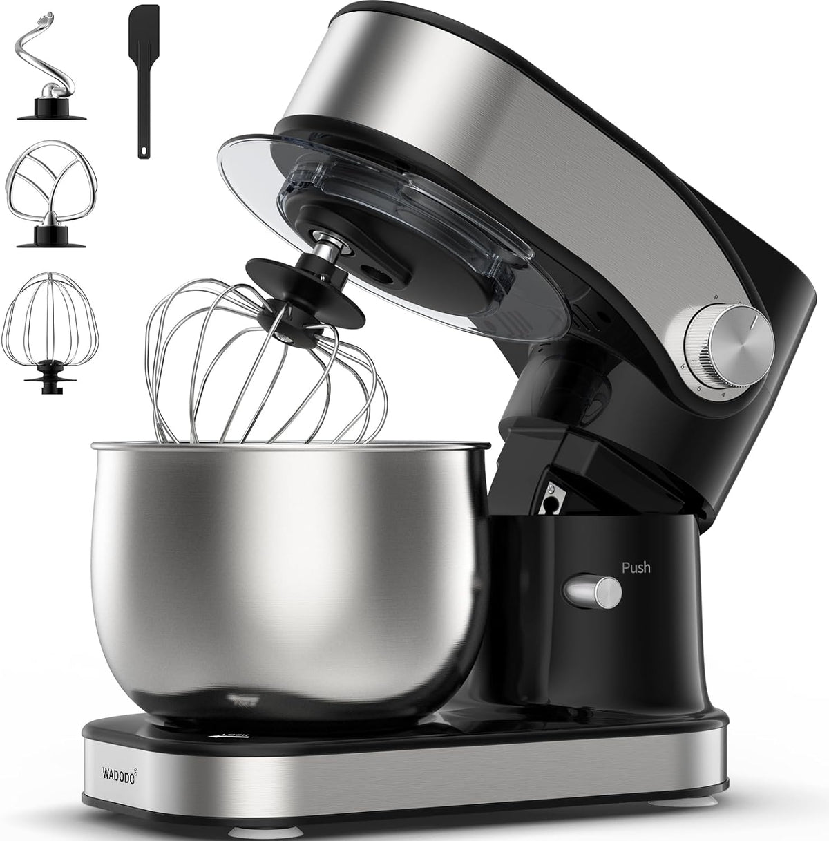 WADODO Stand Mixer, 3.2Qt Small Kitchen Mixer,6 Speeds Electric Food Mixer,Lightweight 304 Stainless Steel Kitchen Mixer with Bowl, Egg Whisk, Dough Hook, Flat Beater & Splash Guard - for Daily Use