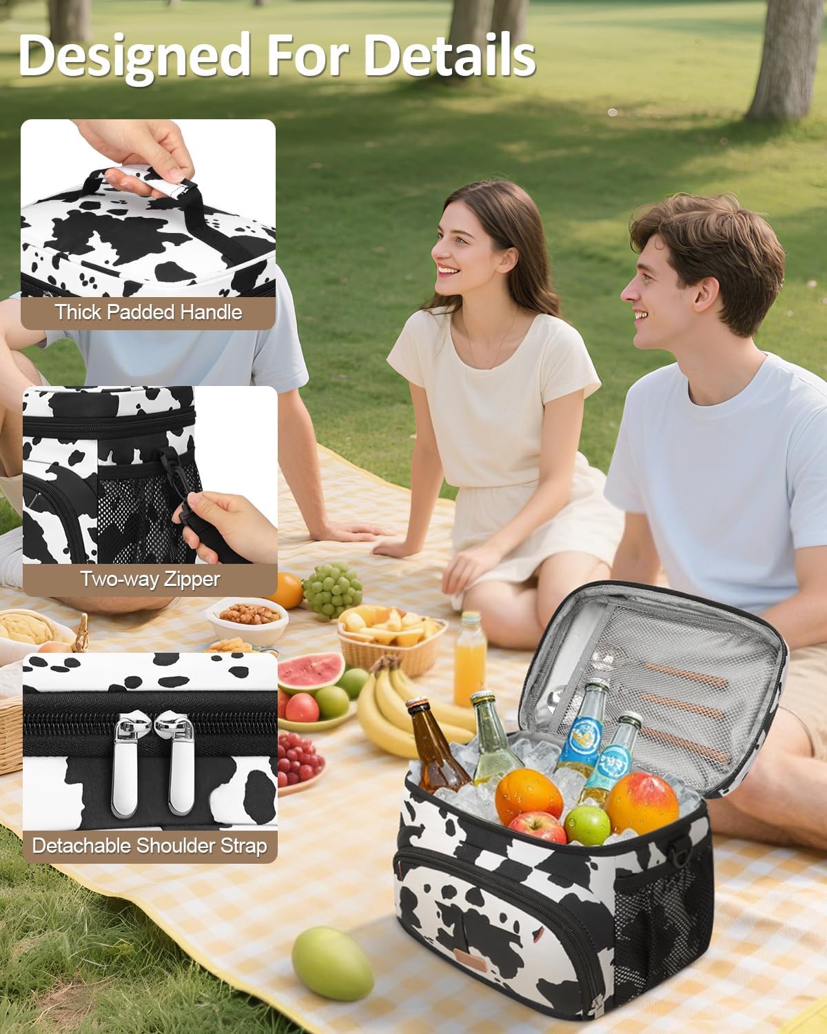 Lunch Box for Man Women, Insulated Lunch Bag Cooler Bag Leakproof Lunchbox Lunch Tote Bags with Removable Strap for Work School Picnic Travel (Cowprint/12L
