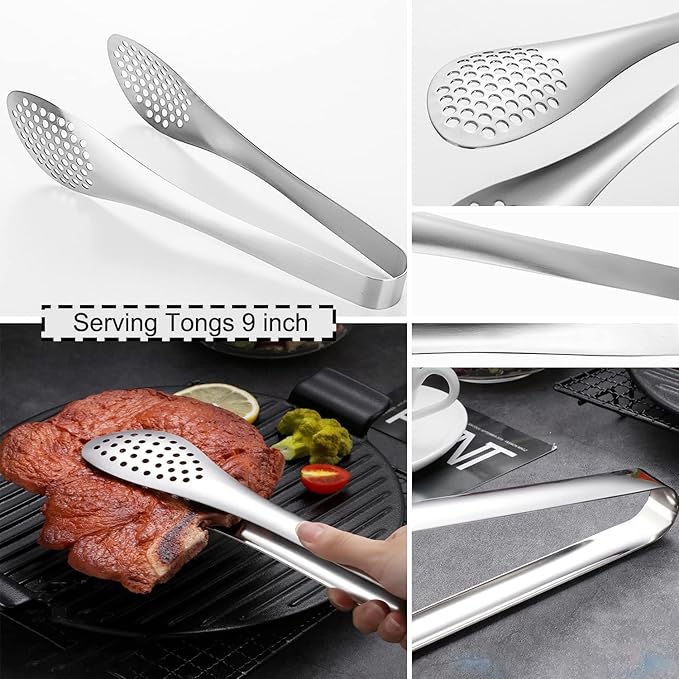 4 PCS Serving Tongs 9 Inch Buffet Tongs Stainless Steel Serving Utensils for Salad Buffet Appetizer Dessert Food Parties, Silver