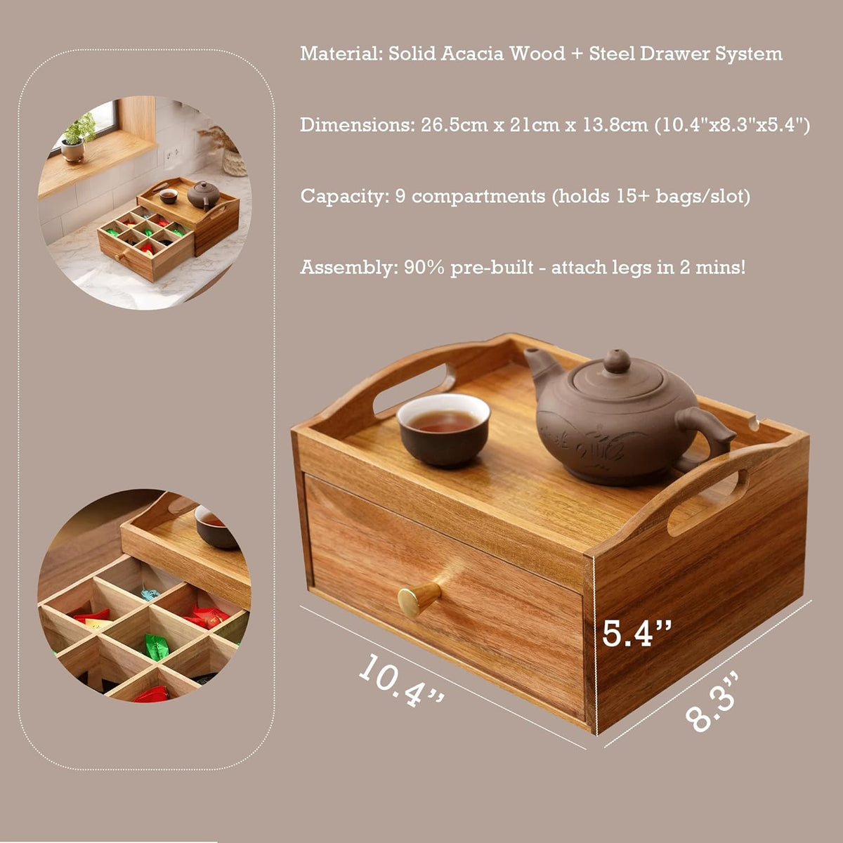 Tea Bag Holder Organizer, Tea Storage Organizer, Acacia Wood Drawer Interior 9 Grids & Teapots and Cups Can Be Placed on Top 10.4"X8.3"X5.4" Storage Box for Kitchen Countertop Organizer