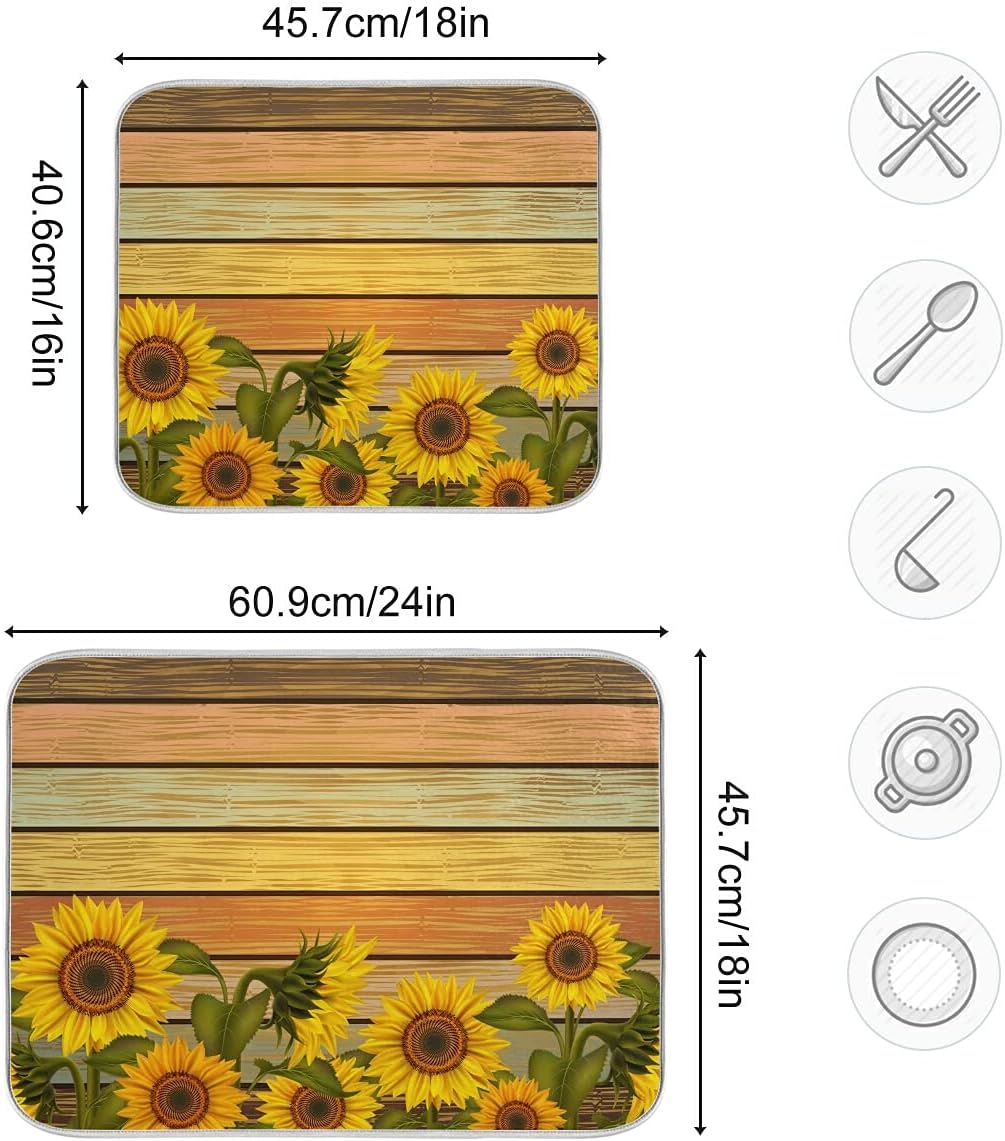 Super Absorbent Dish Drying Mat, Microfiber Fast-Drying Dish Mat, 24" x 18", Kitchen Dish Drying Pad, Sunflower On Wooden Board Vintage