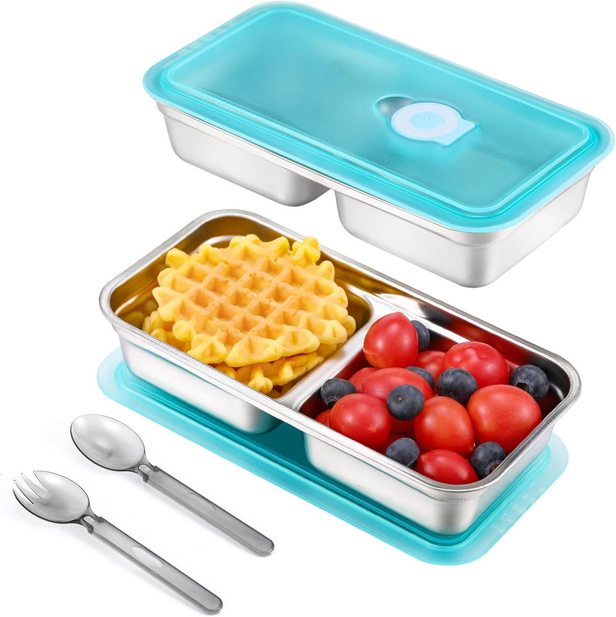 304 Stainless Steel Bento Boxes with Lids, 2pcs Leakproof Double Compartment Snack Containers, Reusable Food Storage Containers for Lunch, Travel & Camping