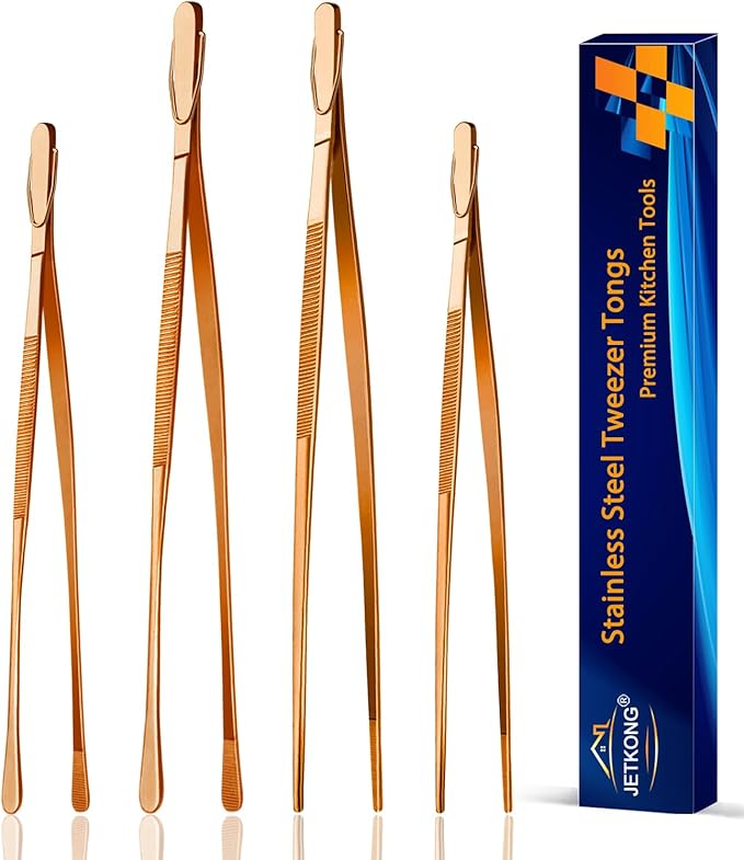 JETKONG 4 Pcs Kitchen Tweezers, 12'' and 10'' Stainless Steel Cooking Tweezers Set, High-Precision Tweezers Tongs for Cooking, Repairing, Seafood and BBQ (Rose Gold)