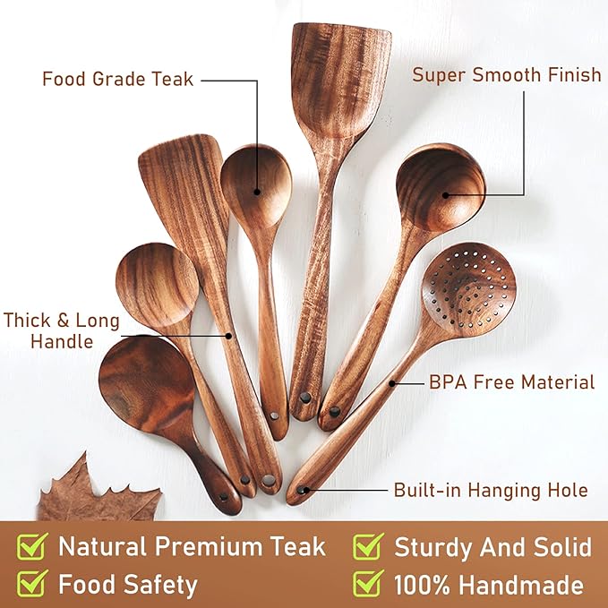 FJNATINH Wooden Spoons for Cooking, 8 Pcs Nonstick Wooden Cooking Utensils Set,Nonstick Natural and Healthy Kitchen Utensil（8 Pcs）