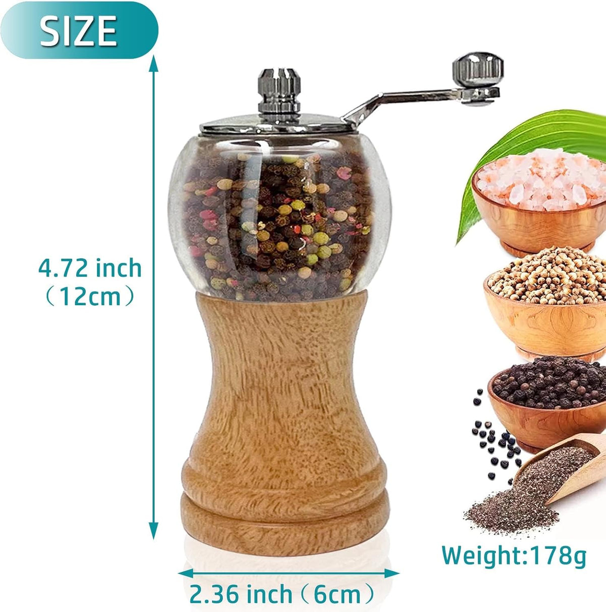 Pepper Mills Pepper Grinder Set, Classical Hand Shake Wooden Pepper Grinder Setrefillable Wood Acrylic grinder, Ceramic Blades & Metal Handle Tools (5in-2pcs-Mixed Color)