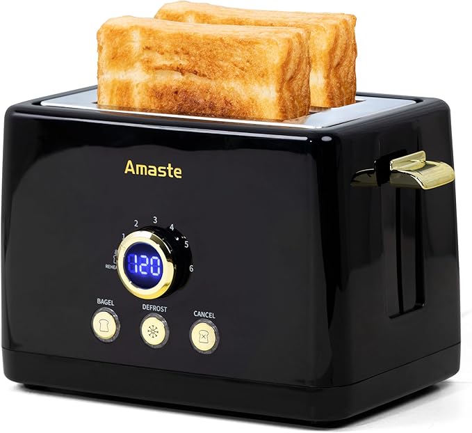 2 Slice Toaster, Retro Bread Toaster with LED Display, Extra Wide Slots Toasters with 6 Bread Shade Settings, Bagel, Cancel, Defrost Function, Stainless Steel with High Lift Lever, Removal Crumb Tray