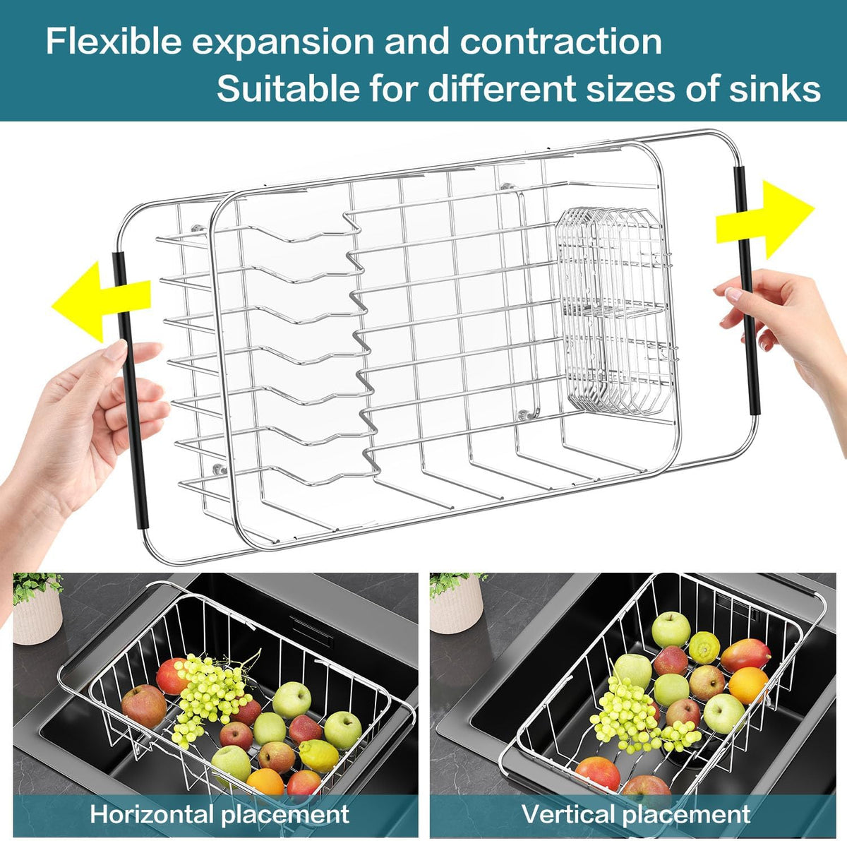Small Dish Drainer Rack in Sink Adjustable, Expandable 304 Stainless Steel Metal Dish Drying Rack Organizer with Stainless Steel Utensil Holder Over Inside Sink Counter, Rustproof(For 1-2 People)