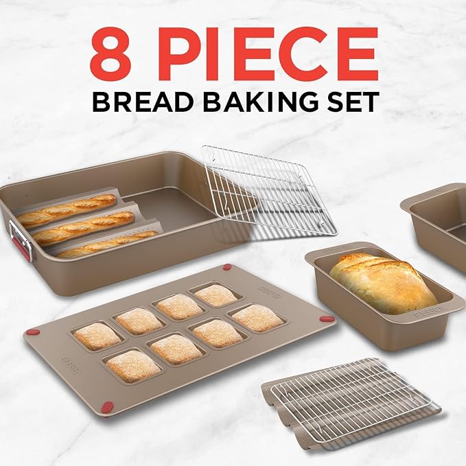 Elbee Home 8-Piece Nonstick Space Saving Bread Baking Pan Set - Includes Large Roasting Pan - Bread Loaf Pan - Baguette Pan - Cooling Rack - 8-Cavity Mini Loaf Pan Aluminized Steel - PFOA & PFOS Free