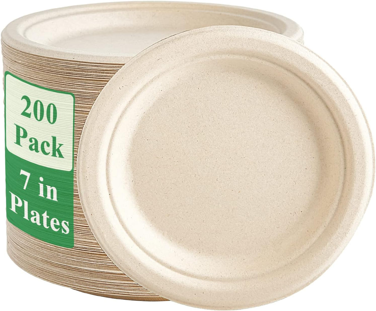 Vplus 200 Pack Paper Plates 7 inch 100% Compostable, Heavy-Duty Disposable Paper Plates Bagasse Natural Biodegradable Eco-Friendly Sugarcane