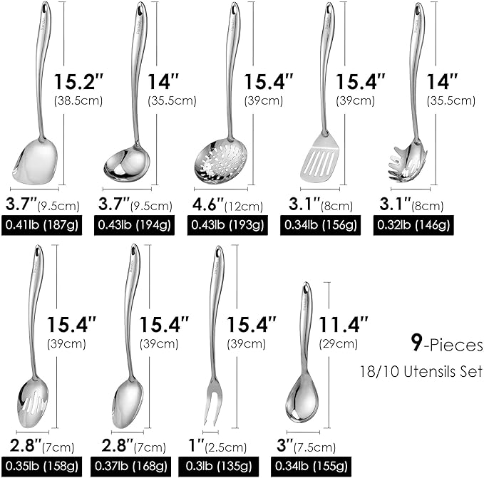 304 Stainless Steel Kitchen Utensil Set - 9 PCS Serving Utensils, Cooking Utensil, Solid Spoon, Slotted Spoon, Fork, Spatula, Ladle, Skimmer Spoon, Slotted Spatula Tunner, Spaghetti Spoon, Large Spoon