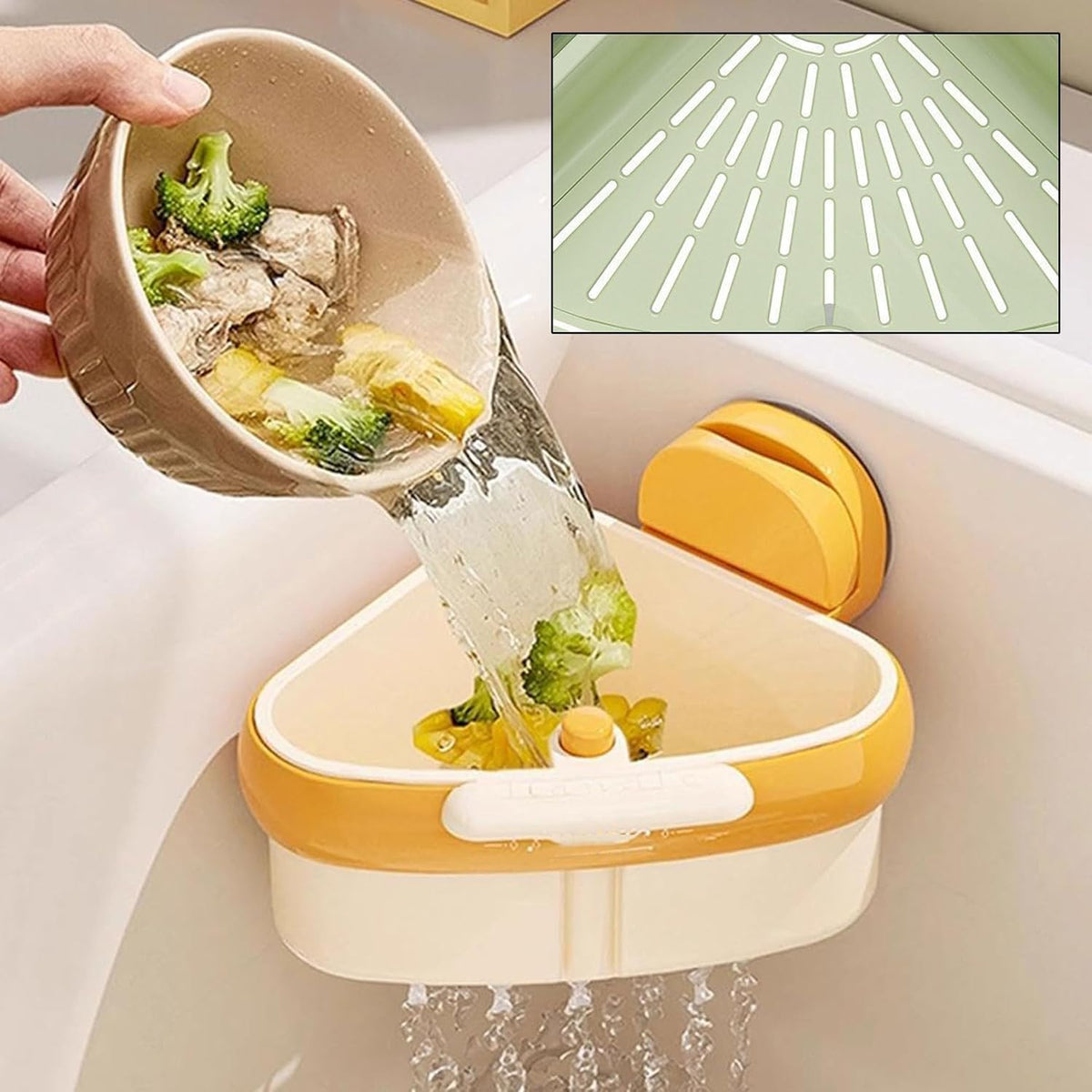 Suction Cup Sink Corner Rack, Triangular Sinks Basket Shelf, Automatic Dumping Corner Sink Strainer with Drain Hole, Food Waste Catcher (2PCS)