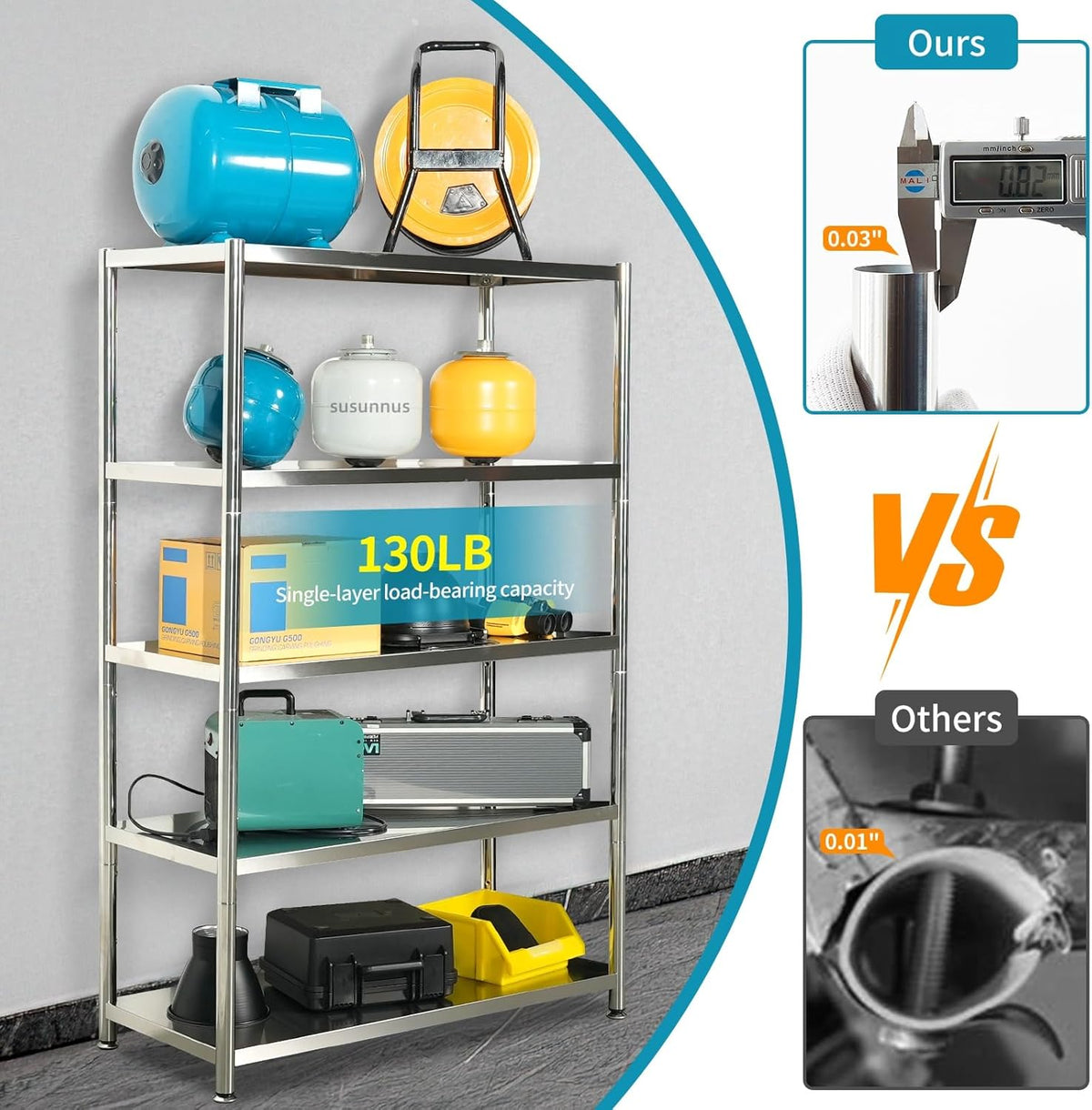 susunnus 3-Tier Stainless Steel Shelf, Heavy Duty Shelving for Kitchen, Garage, Industrial Storage, Kitchen Shelves Adjustable Feet, Easy to Clean(35.8in*15.8without Guardrails)