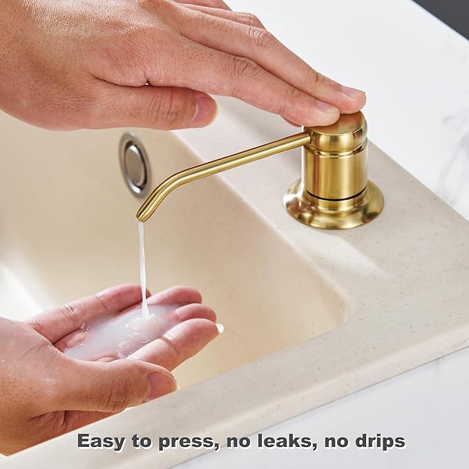Gagal Kitchen Sink Soap Dispenser (Brushed Gold) and Extension Tube Kit for Kitchen Sink, Complete Brass Head with 40" Silicone Tube Connect to The Bottle Directly, Say Goodbye to Frequent Refills