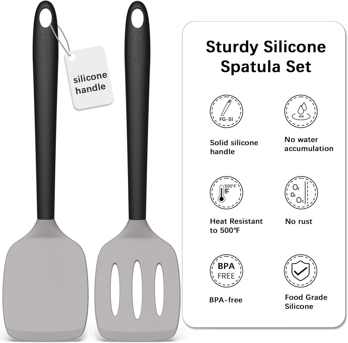 Coukre 2 Pack Silicone Spatula Set, High Heat Resistant, BPA Free Kitchen Spatula, Solid & Slotted Turner for Non-Stick Pans, Sautéing, and Flipping (2, Gray)