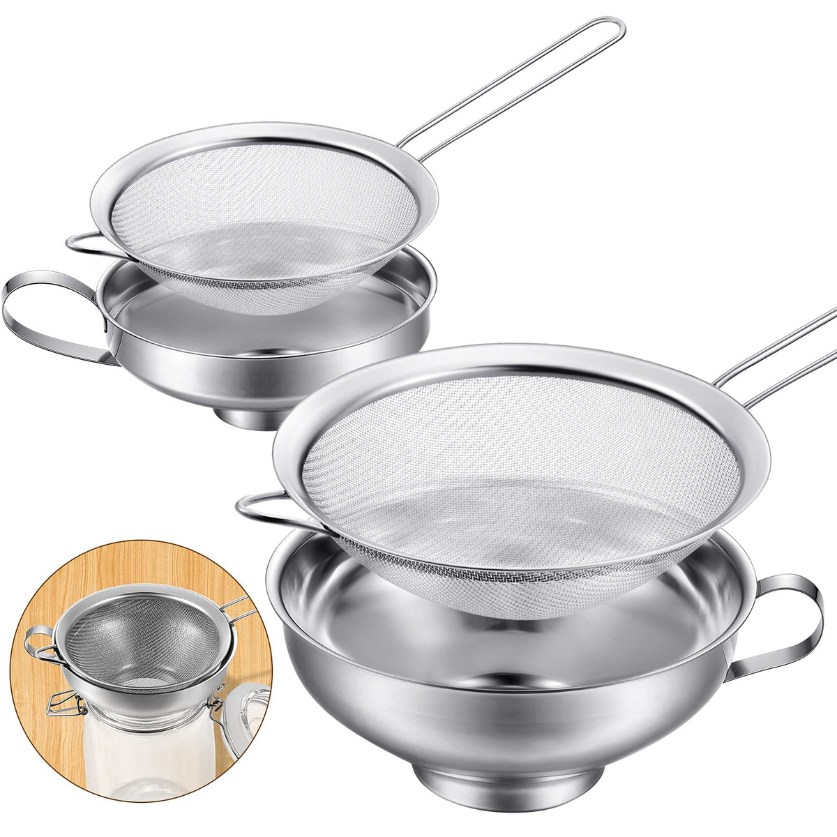 Boao 4 Pieces Stainless Steel Funnels with Fine Mesh Strainer, Household Kitchen Canning Funnels with Stainless Steel Colander