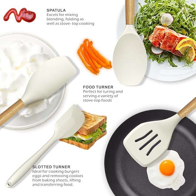 Silicone Cooking Utensils Set - 446°F Heat Resistant Silicone Kitchen Utensils for Cooking,Kitchen Utensil Spatula Set w Wooden Handles and Holder, BPA FREE Gadgets for Non-Stick Cookware (Khaki)