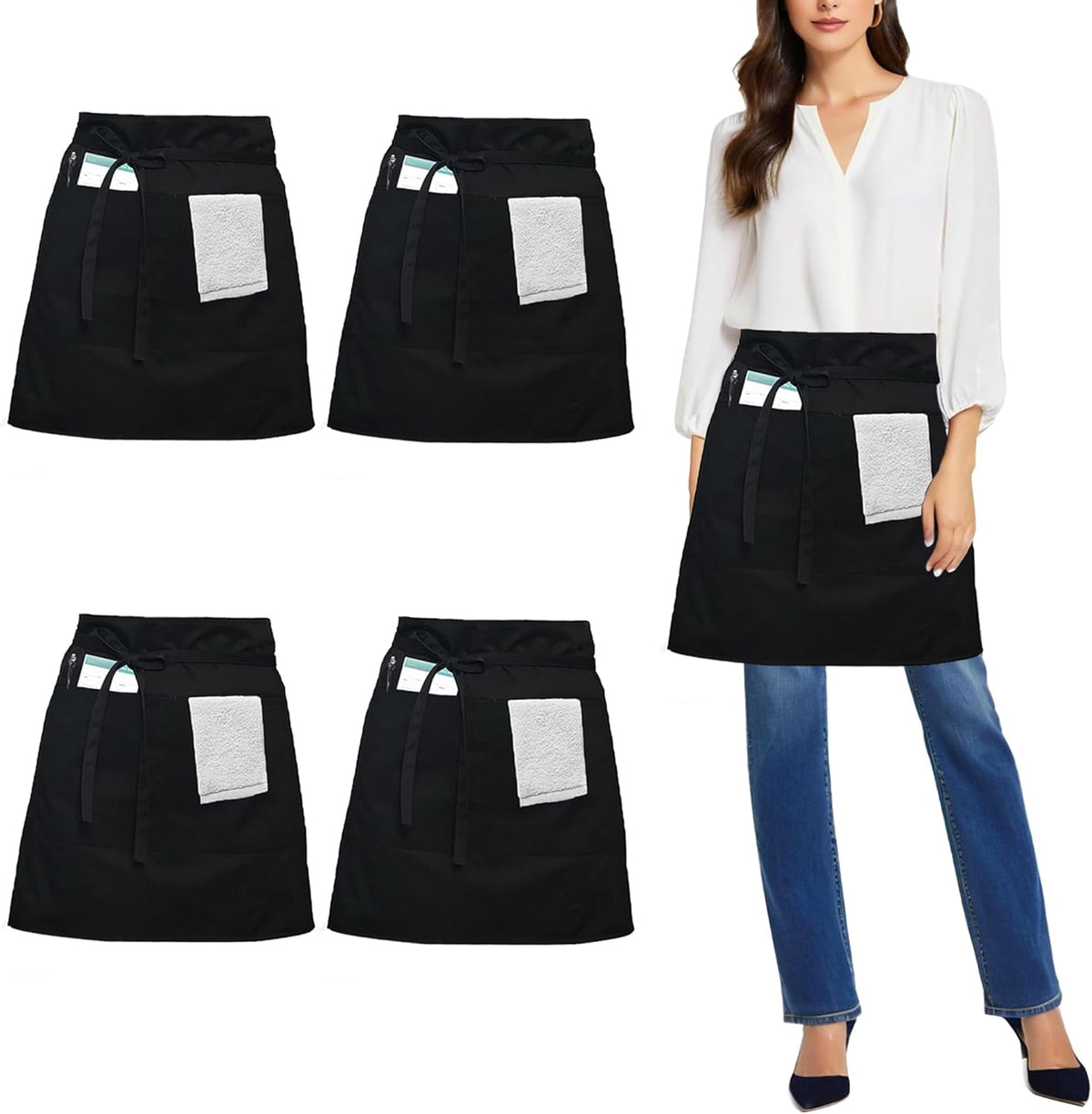 4 Pack Black Waist Apron, Short Chef Apron with 3 Pockets, Half Apron for Waiter Waitress, Catering Work Apron For Clean Bistro Garden Bar Coffee Shop Restaurant (Polyester)