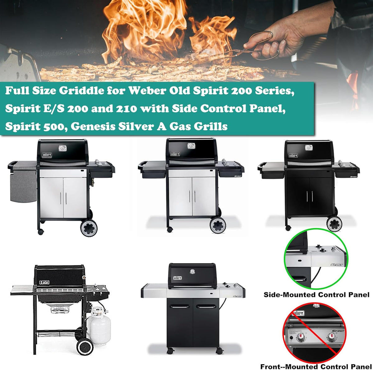 Full Size Griddle for Weber Old Spirit 200 Series, Flat Top Griddle for Spirit E/S 200 & 210 with Side Control Panel, Spirit 500, Genesis Silver A Gas Grills, Replace for 7521 7522 7523 65904 65905