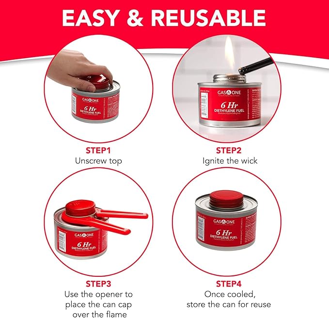 Gas One 6 pack 6 Hour Chafing Fuel - Food Warmer for Chafing Dish Buffet Set - Liquid Safe Fuel With Wick & Lid Opener for Chafing Dish