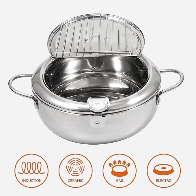 Kerilyn Deep Fryer Pot, 9.4 Inch/3.4 L Janpanese Style Tempura Frying Pot with Lid, 304 Stainless Steel with Temperature Control and Oil Drip Drainer Rack, for Kitchen French Fries, Chicken etc