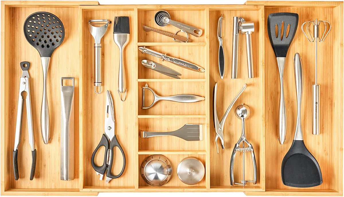 Umilife Extra Large Expandable Kitchen Drawer Organizer for Utensil and Junk, 19" Deep for Big Drawer, 19" to 33" Adjustable Bamboo Wood Drawer Divider, Cutlery Tray, Flatware Holder