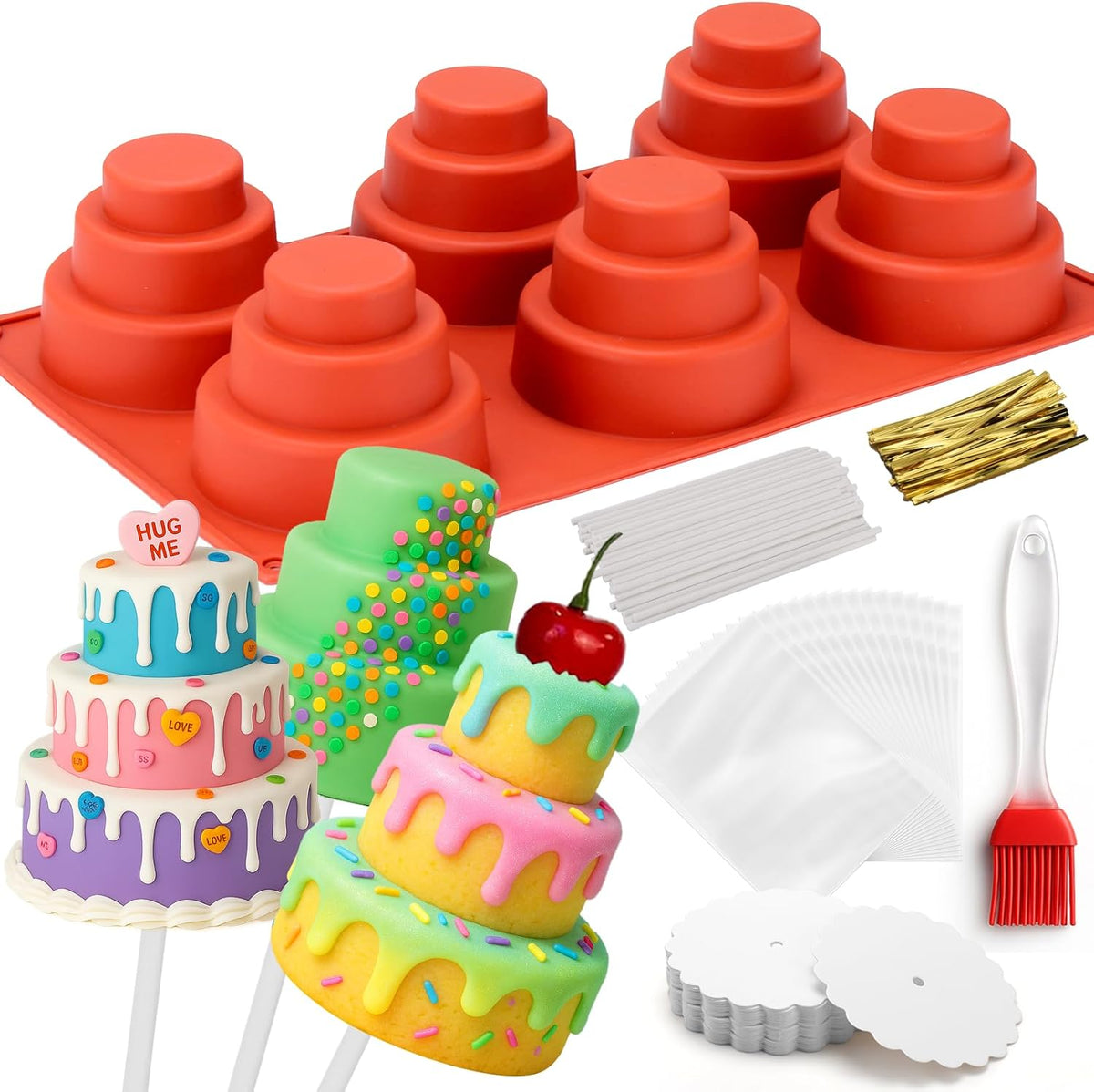 Juome Circle Cake Pop Mold Kit, 6 Cavities Cakesicle Molds Silicone with 100 Sticks & 100 Packaging Bags, Round Cake Pop Maker Supplies Accessories, Baking Tools for Home Baking Desserts