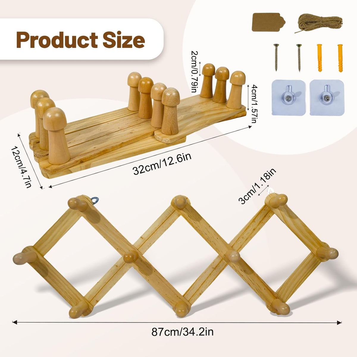 Rustic Adjustable Hanging Herb Drying Rack-Holds 10 Bouquets, Space-Saving Herb Flower Dryer with Adhesive Wall Hooks for Herb Display Rack,Kitchen Wall Décor-Unusual Gifts for Gardener Woman