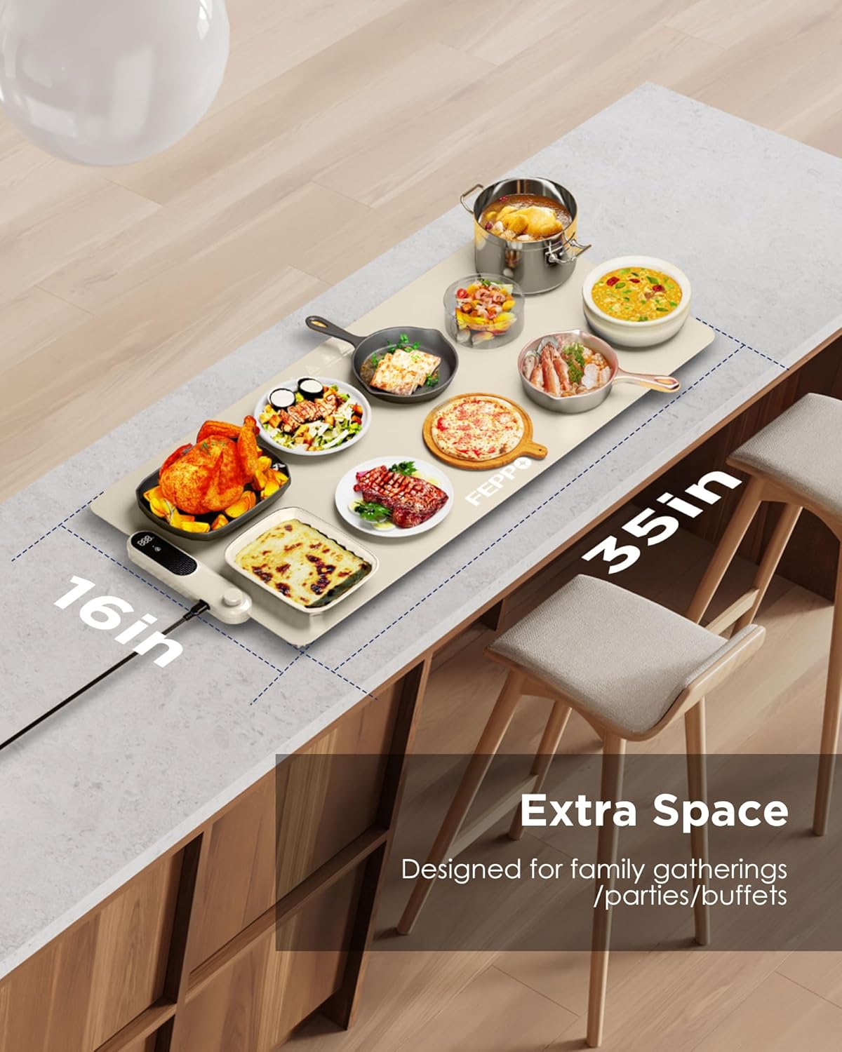 FEPPO Food Warming Mat, (XXL 35”x16”) Electric Warming Trays for Buffets Party, Fast Full-Surface Heating Mat for Food with 19 Level Adjustable Temperature and 6 Hours Timer, Roll Up Food Warmer