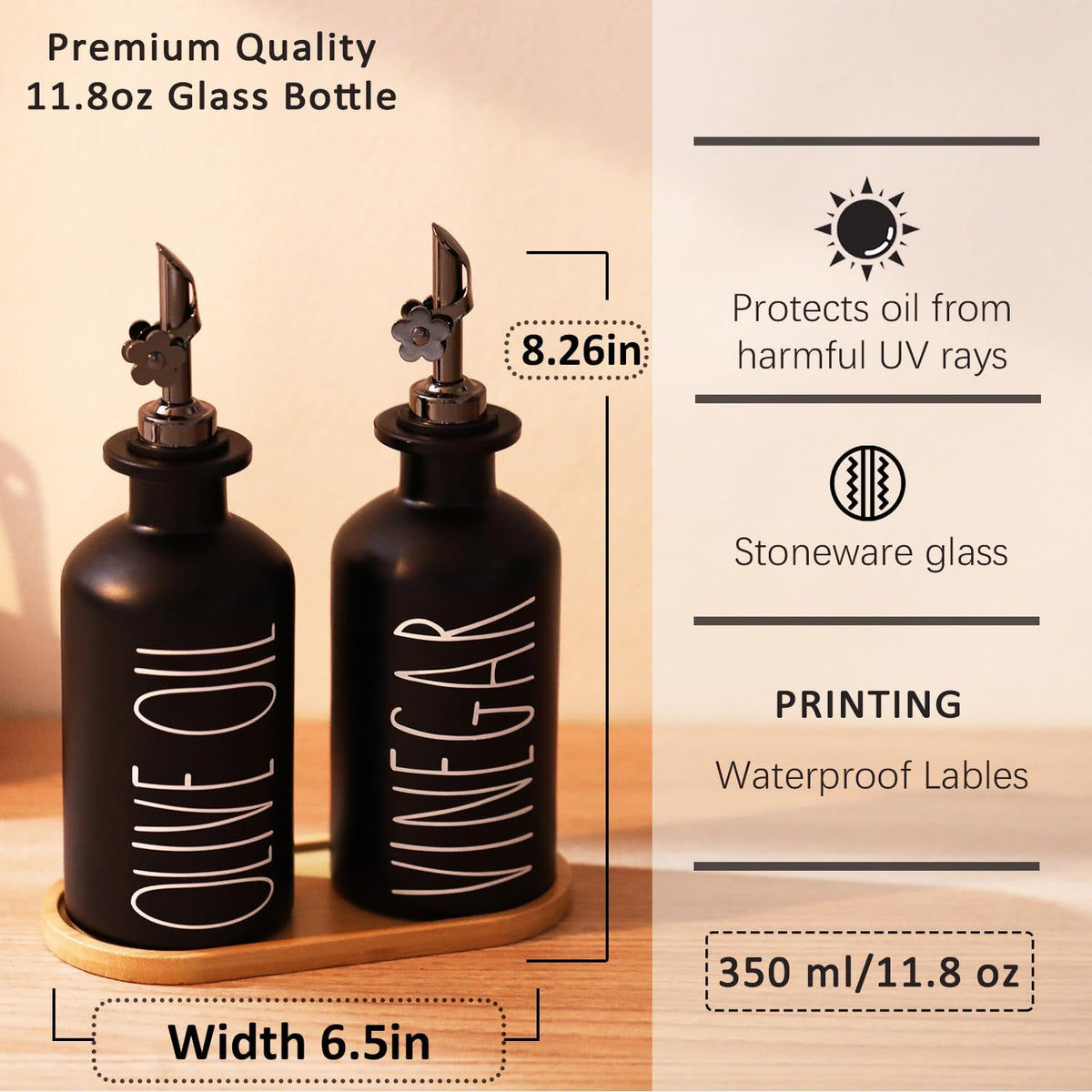 HOMCDALY Premium Olive Oil Dispenser for Kitchen, 11.8oz Glass Oil Bottles with Bamboo Tray, Black Oil&Vinegar Cruet Set, Kitchen Dispenser Bottles with Pourer | Set of 2 (11.8oz –P–Black)