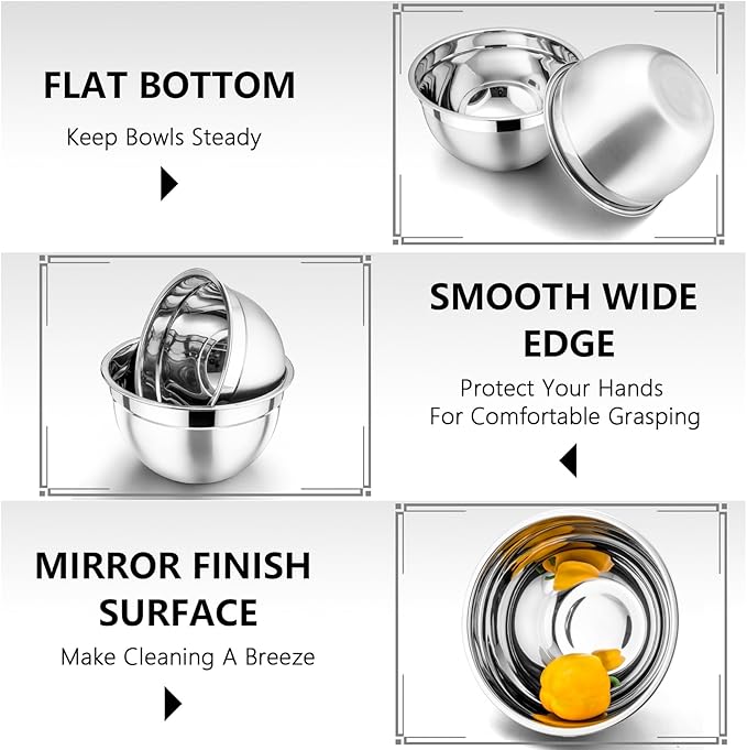 P&P CHEF Red Mixing Bowls with Lids, Set of 3, Stainless Steel Salad Nesting Bowl for Mixing, Storing, Prepping, Airtight & Stackable, Size 4.6/3 /1.5 QT