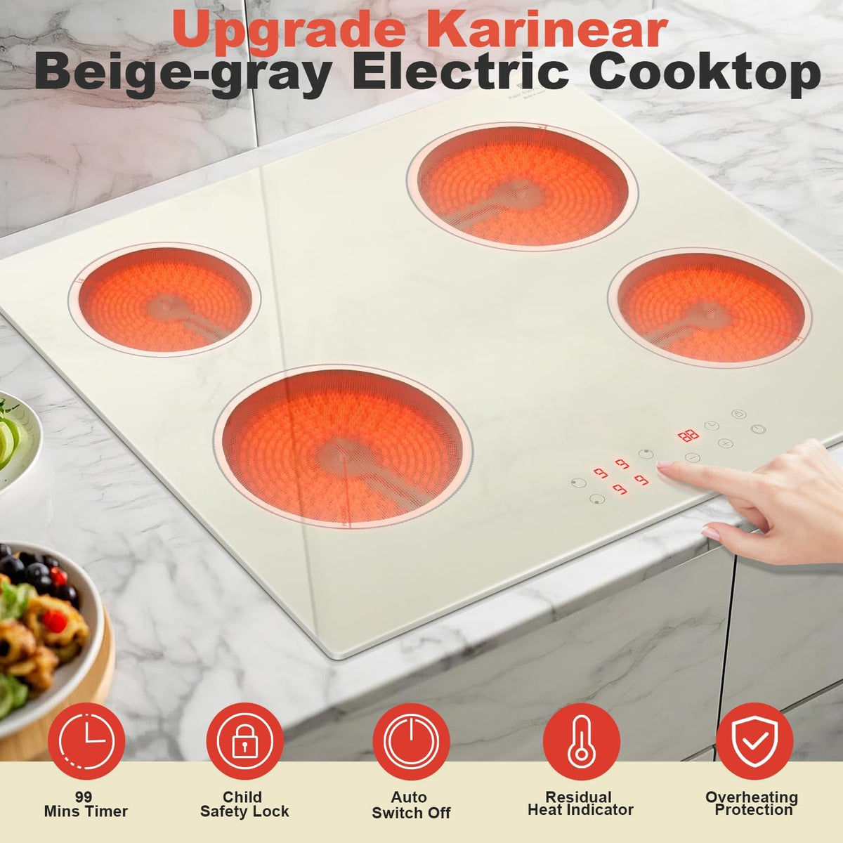 Karinear Electric Cooktop 24 Inch, Beige-gray Glass Electri Cermaic Stove, 4 Burners Electric Stove Top with Timer, Child Safety Lock, High Temperature Alert, 6000W, Drop-in 240V Hardwire(No plug)