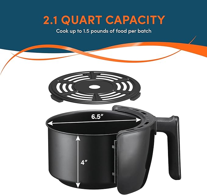 Elite Gourmet EAF-0201 Personal Compact Space Saving Electric Hot Air Fryer Oil-Less Healthy Cooker, Timer & Temperature Controls, 1000W, 2.1 Quart, Black