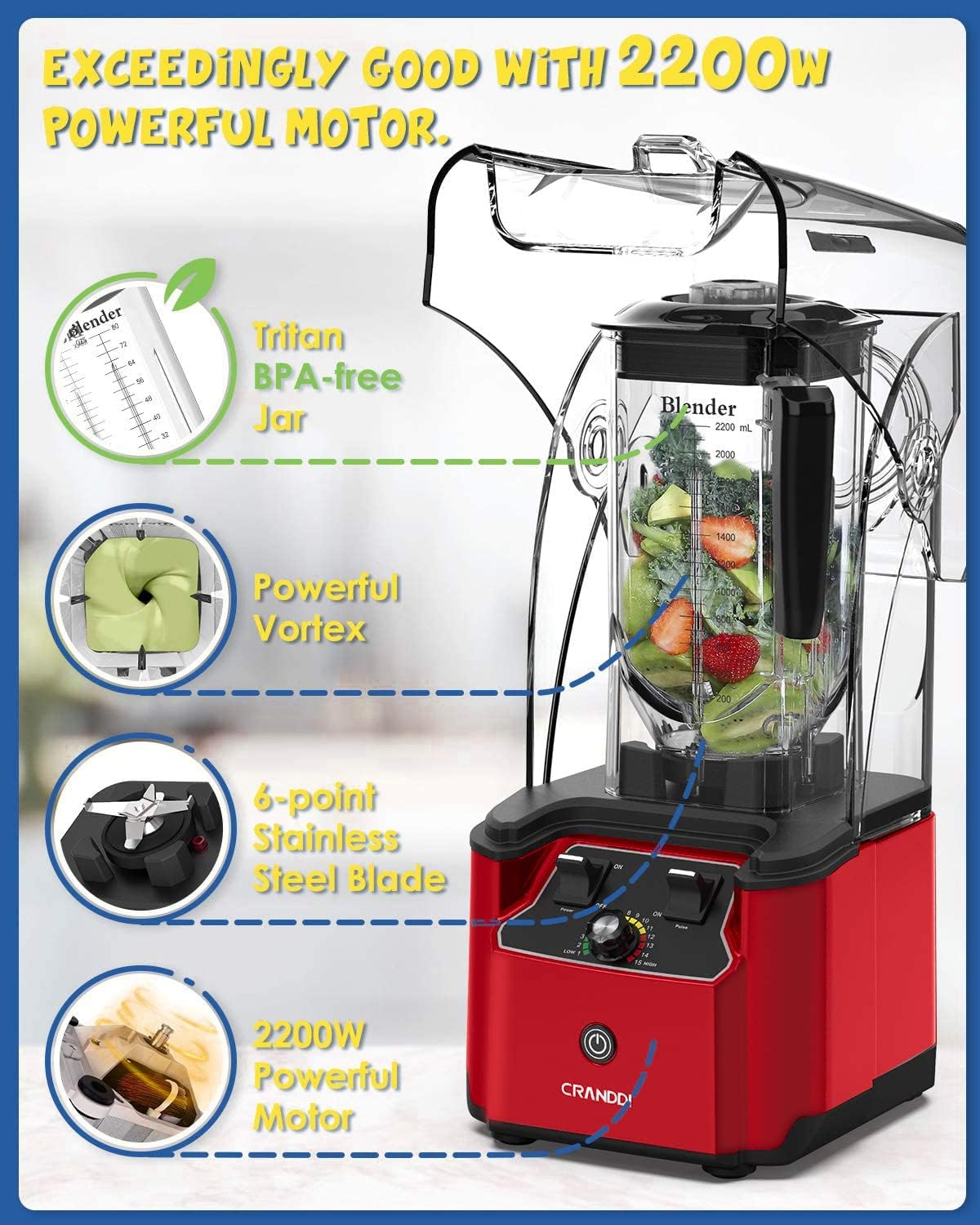 CRANDDI Quiet Commercial Blender with Soundproof Shield, 2200 Watt Professional Blenders for Kitchen with 80oz Pitcher and Self-Cleaning, High-Speed Blenders K90 Red