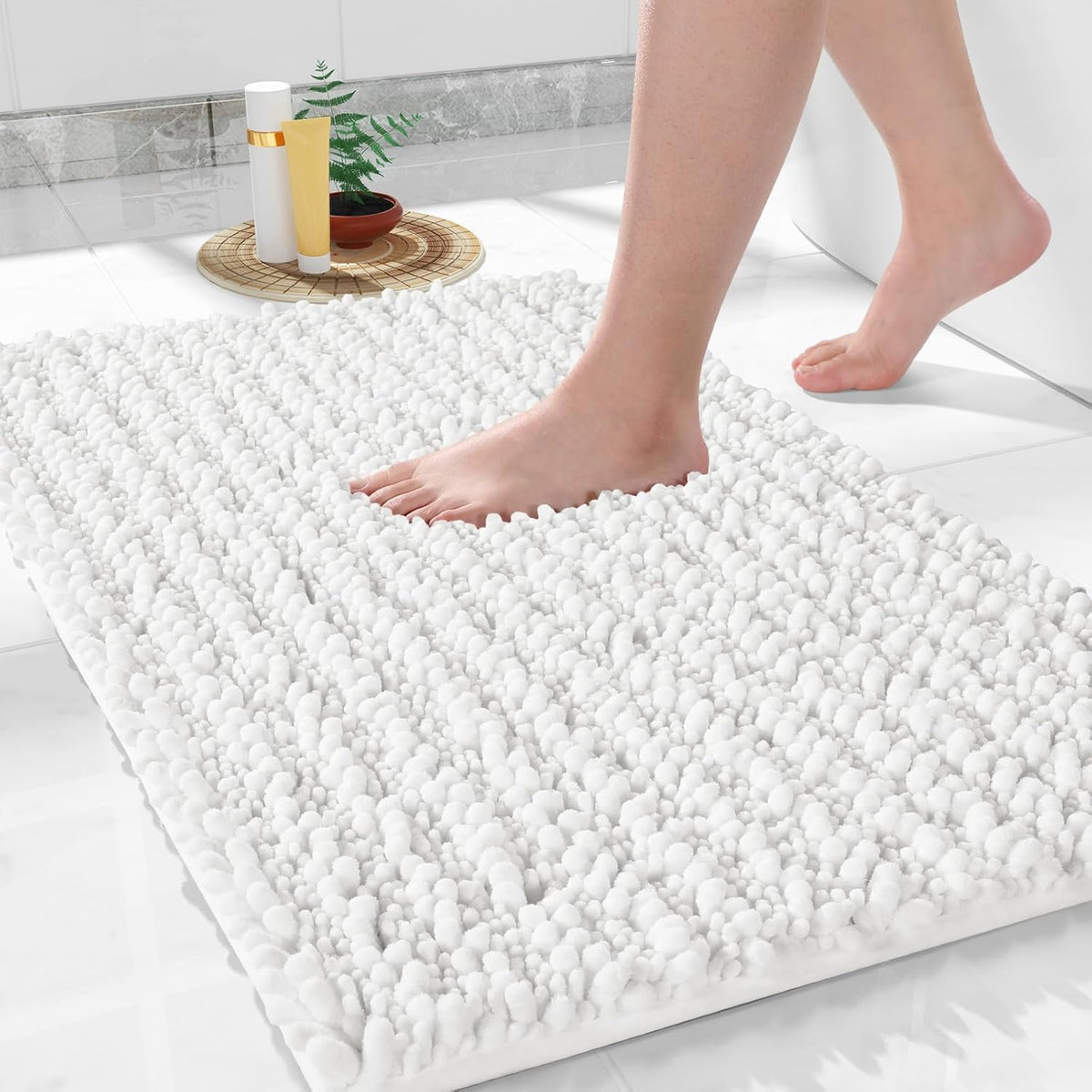 Yimobra Large Bathroom Rugs Non Slip Washable 36x24 Inch - Ultra Soft Absorbent Chenille Bath Mat, Quick Dry Shaggy Floor Carpet for Tub Shower, White Home Decor Accessories