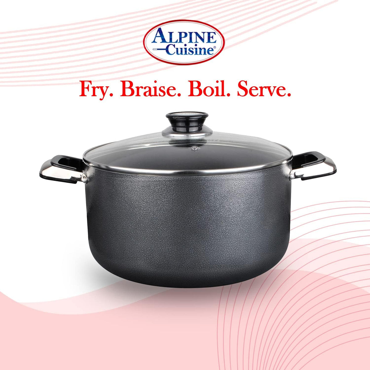 Alpine Cuisine 42 Quart Non-stick Stock Pot with Tempered Glass Lid and Carrying Handles, Multi-Purpose Cookware Aluminum Dutch Oven for Braising, Boiling, Stewing