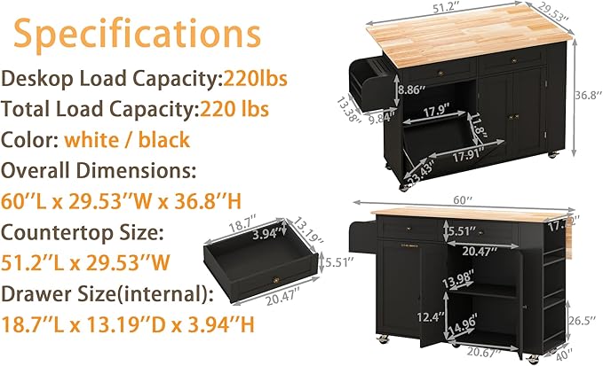 60'' Rolling Kitchen Island with Drop Leaf, Storage Islands Cart with Tilt Out Trash Can Cabinet, Rubber Wood Tabletop, Knife Holder, Wheels, Black
